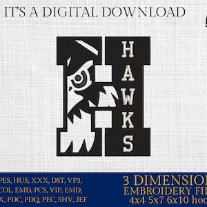 May include: Black and white embroidery design of a hawk with the word "HAWKS" in white text. The design is for embroidery machines and includes 3 different sizes: 4x4, 5x7, and 6x10 hoops.