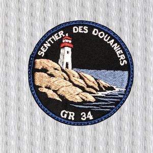 May include: Circular patch featuring a lighthouse on a rocky coast with the text "SENTIER DES DOUANIERS" and "GR 34". The lighthouse has a red roof and white tower. The patch has a blue border and is set against a white textured background.