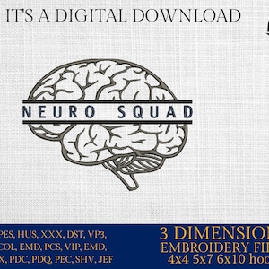 Könnte beinhalten: Ein digitales Stickmuster mit einer grauen Umrandung eines Gehirns mit dem Text "NEURO SQUAD" in der Mitte. Das Design ist in 3 Größen erhältlich: 4x4, 5x7 und 6x10 Zoll. Die enthaltenen Stickdateiformate sind EXP, PES, HUS, XXX, DST, VP3, CSD, COL, EMD, PCS, VIP, EMD, INF, JPX, PDC, PDQ, PEC, SHV und JEF.