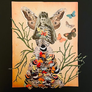 Victorian butterfly Wings Bride Collage Art Print, Butterfly Decor, Surreal Wall Art, Gothic Wall Art, Gothic Home Decor, Macabre Gift.