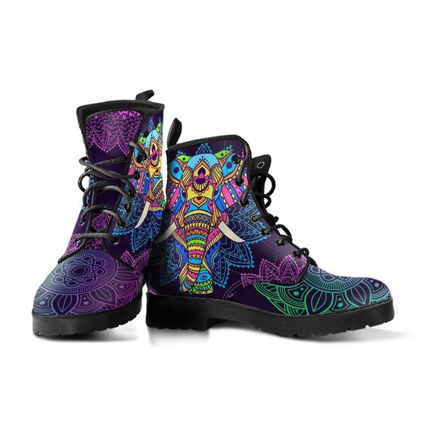 Yellow Elephant Mandala Print Men Women Leather Boots
