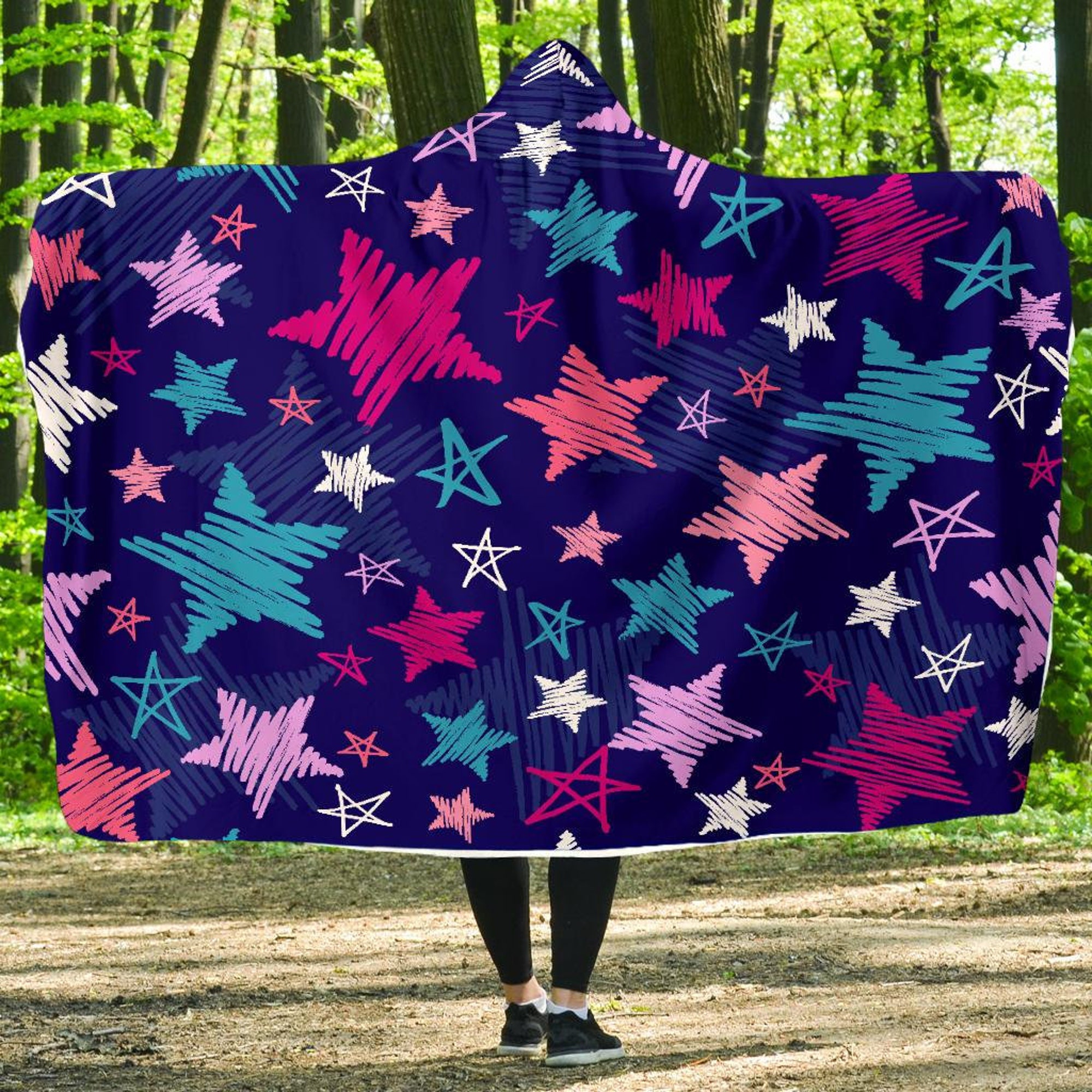 Stars Pattern, Hooded Blanket, Sherpa Blanket, Yoga Meditation, Hindu Indian, Hippie Festival, Gypsie Lotus, Chakra Trippy, Colorful Throw