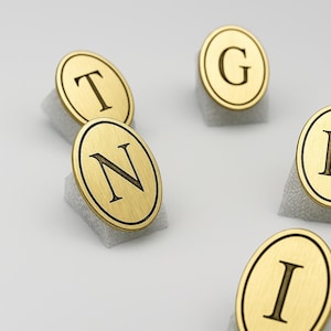 May include: Close-up of several gold-colored lettered cabinet knobs. The letters T, N, G, I, and L are visible. Each knob is circular with a black letter in the center. The knobs are on small, white, rectangular stands.