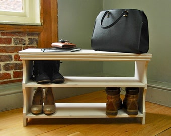 Shoe Storage Bench Rack, Made from Solid Pine in a Distressed Old White Wash Finish.