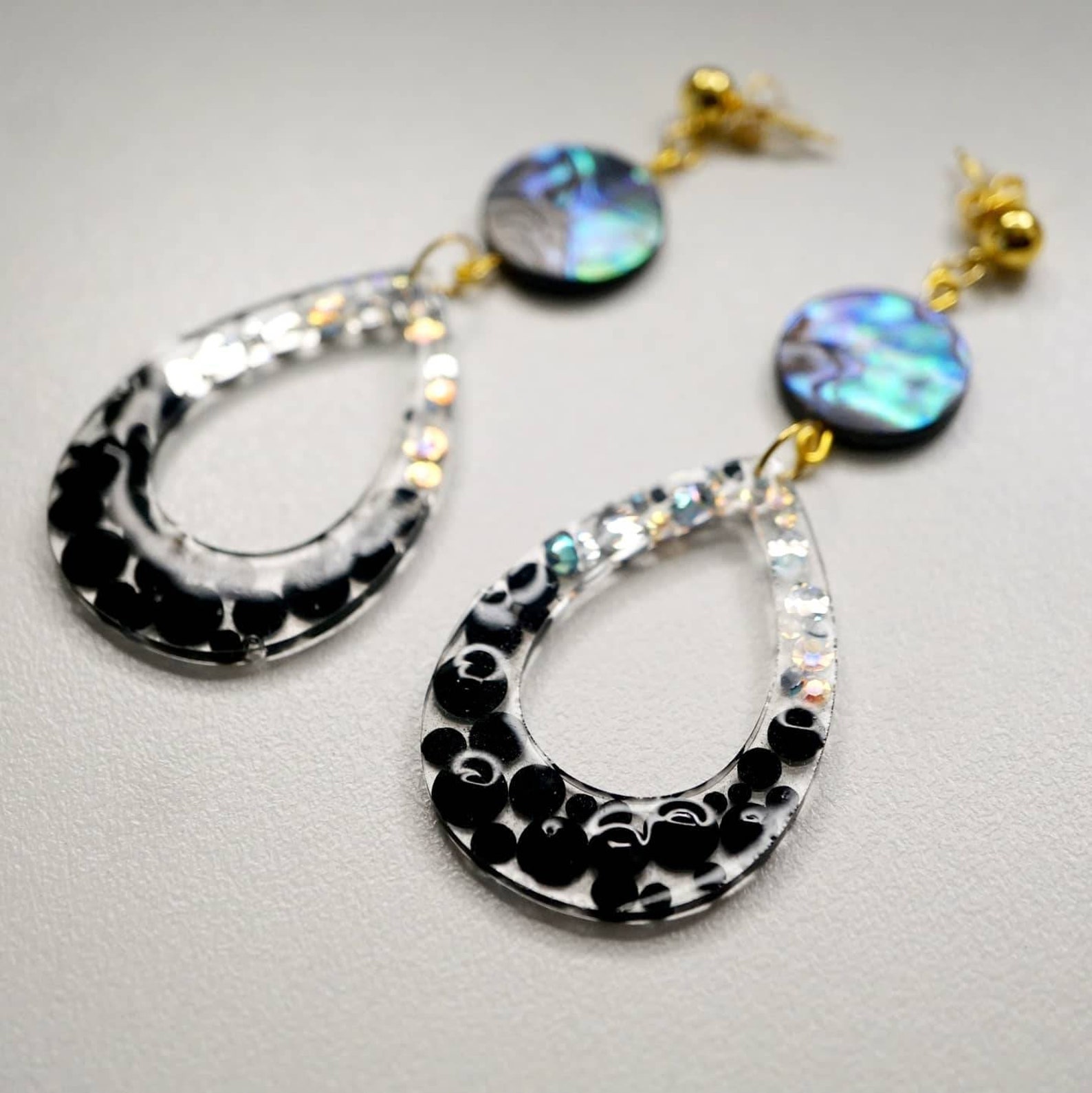 Resin black white crystal earrings Resin Crystal Danglers Etsy