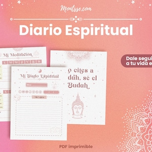 Könnte beinhalten: Ein druckbares PDF-Tagebuch mit einem rosa-weißen Farbschema. Das Tagebuch trägt den Titel "Diario Espiritual" und enthält ein Zitat von Buddha, ein Mandala-Design und einen Abschnitt für tägliche Meditation und spirituelle Reflexionen.