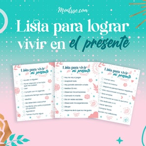 Puede incluir: Tres listas imprimibles de color rosa y blanco con un diseño floral y el texto "Lista para vivir mi presente" que se traduce como "Lista para vivir en el presente". Cada lista tiene una lista de elementos para ayudarte a vivir en el momento presente.