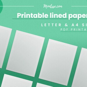 Puede incluir: Seis hojas de papel blanco con líneas sobre un fondo verde. El papel es de tamaño carta y A4 e imprimible. El texto "Printable lined paper" y "LETTER & A4 SIZE PDF PRINTABLE" está en la imagen.