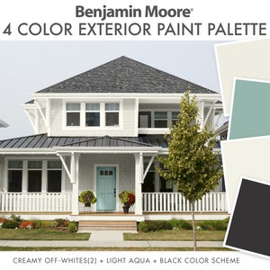 Off White Exterior Paint Colors, Benjamin Moore, Exterior Color Palette for Farmhouse, Transitional, Cottage, Coastal, House Paint Scheme