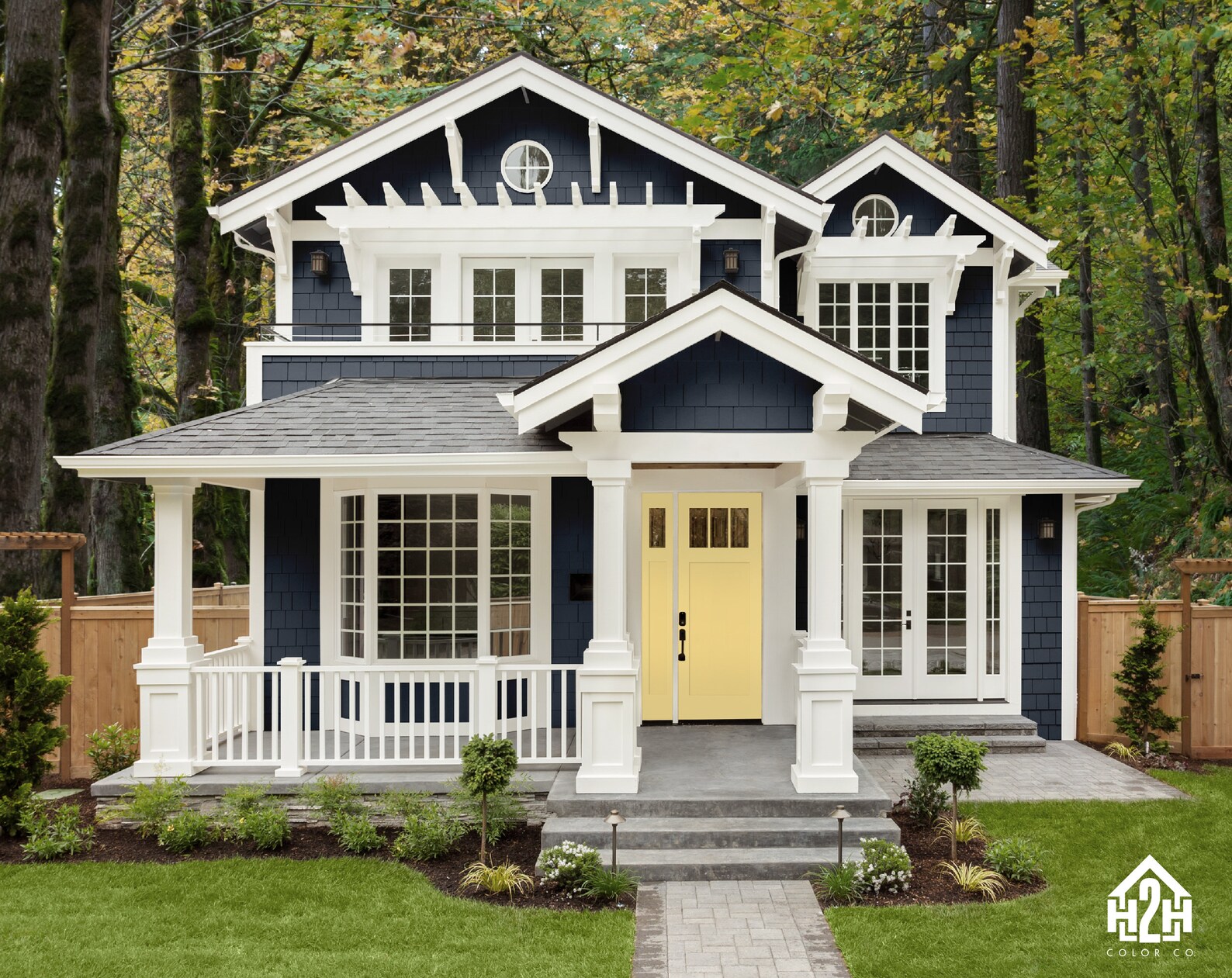Navy Blue Exterior House Paint Colors Palette With Yellow Front Door