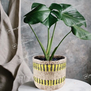 Handgewebter Blumentopf Korb Jute, Gelb-Schwarze Streifen, Boho Dekor (10 x 10 cm)