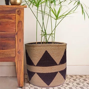 Puede incluir: Un macetero tejido marrón y negro con un patrón geométrico. El macetero está lleno de una planta verde con hojas largas y delgadas.