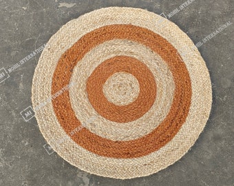 Round Braided Jute Rug, with Rust Orange Beige Circle Floor Mat, Handmade Jute Wool Rug for Boho Living Room, Natural Carpet for Home