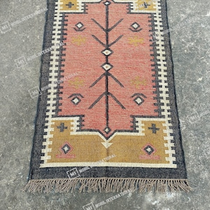 Alfombra Kilim de yute natural tejida a mano, 13 x 18 cm, estilo bohemio, Oushak, turca, de gran superficie, india, Dhurrie, multicolor, para decoración de pasillos y oficinas.