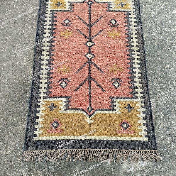 Alfombra Kilim de yute natural tejida a mano, 13 x 18 cm, estilo bohemio, Oushak, turca, de gran superficie, india, Dhurrie, multicolor, para decoración de pasillos y oficinas.