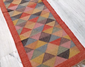 Handwoven Kilim Wool Jute Runner Rug, 2x6 8X10 9X12 Ft Handmade Block Print flatweave Turkish Rug for Living Room, Kitchen