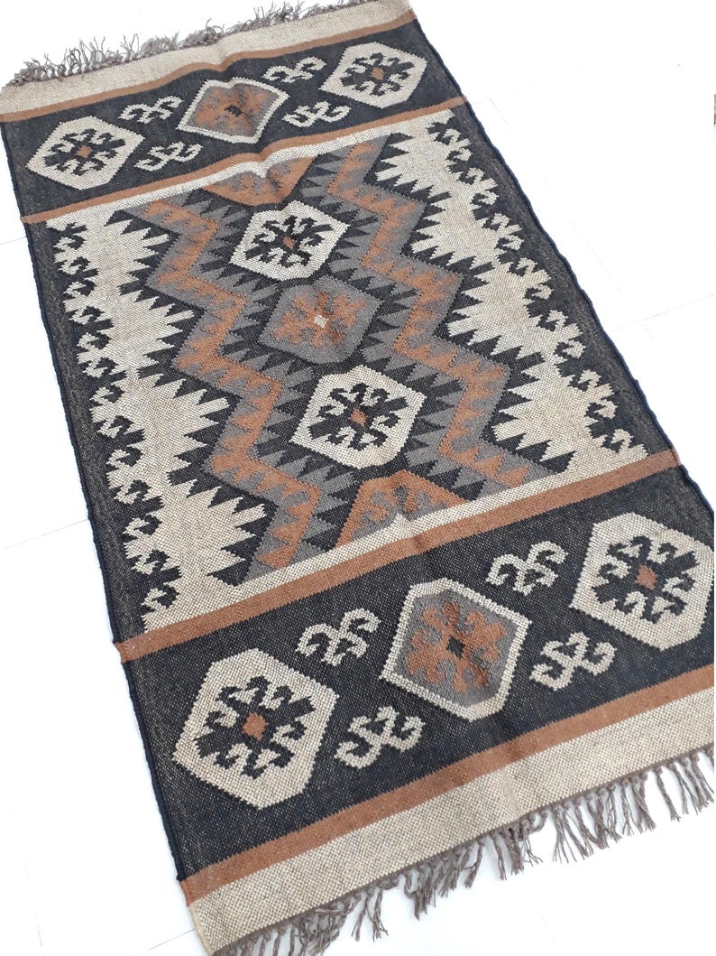Handmade Wool Jute Rug, Indian Kilim Dhurrie Rug, Handwoven Jute Kilim Rug, Rectangle Shape Jute Rug, Flatweave Rug, Bohemian Style Rug