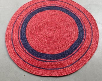 Colorful Red Round Jute Rug, Handmade Braided Natural Wool Jute Kilim Floor Mat, Boho Farmhouse Bedroom Bohemian Indoor Entryway Decor Mat