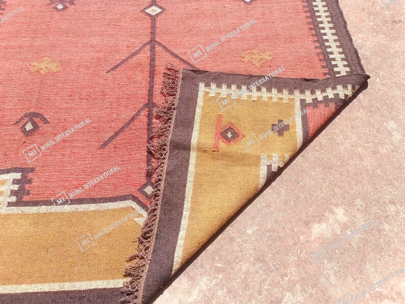 10x12 Ft Custom Wool Jute Kilim Rug, Handmade Orange Turkish Oushak Rug, Rectangle Geometric Shape Rug, Bohemian Large Area Jute Rug