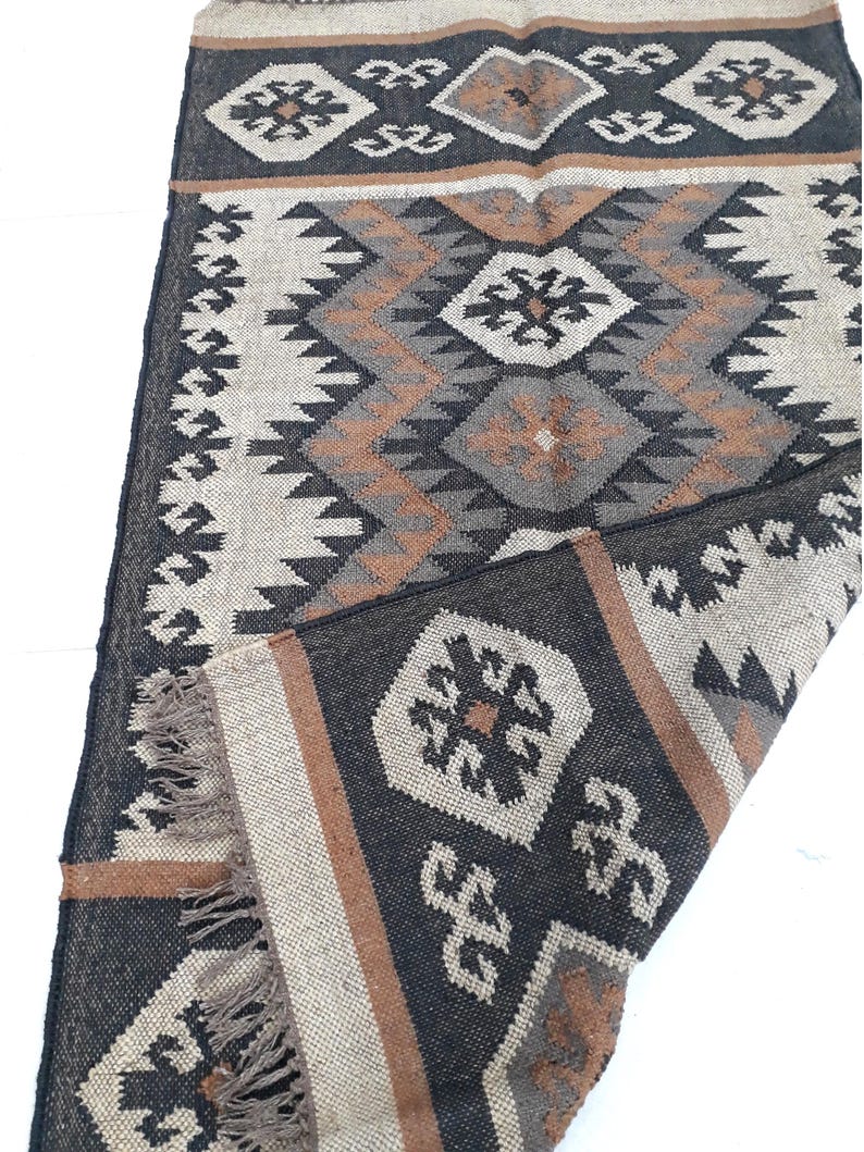Handmade Wool Jute Rug, Indian Kilim Dhurrie Rug, Handwoven Jute Kilim Rug, Rectangle Shape Jute Rug, Flatweave Rug, Bohemian Style Rug