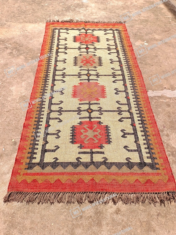 3x12ft Custom Wool Jute Runner: Multicolor Geometric Turkish Navajo Kilim Modern Farmhouse Laundry Office Entryway Runner Rug