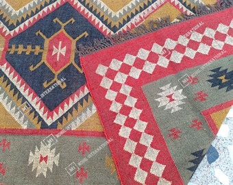 Handwoven Wool Jute Kilim Rug, Bohemian Flatweave Dhurrie