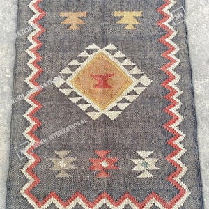Handwoven Kilim Rug, Wool Jute Kilim Rug, Handmade Kilim Dhurrie Rug, Indian Jute Area Rug, Black Wool Jute Rug, Stairway Jute Rug