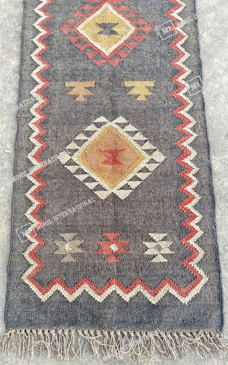 Handwoven Kilim Rug, Wool Jute Kilim Rug, Handmade Kilim Dhurrie Rug, Indian Jute Area Rug, Black Wool Jute Rug, Stairway Jute Rug