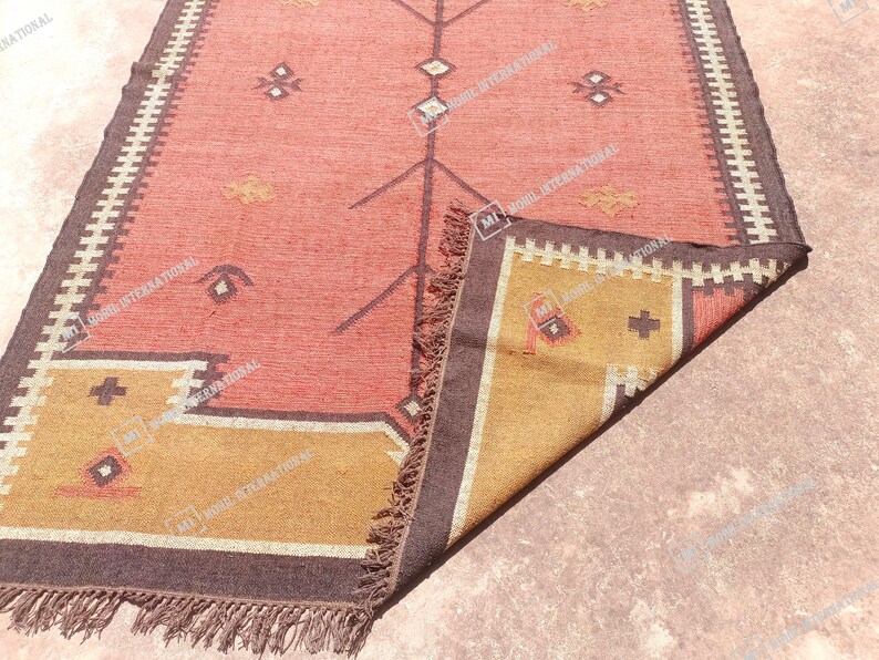10x12 Ft Custom Wool Jute Kilim Rug, Handmade Orange Turkish Oushak Rug, Rectangle Geometric Shape Rug, Bohemian Large Area Jute Rug