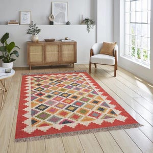 Multicolor Wool Jute Kilim Rug, Kilim Area Runner Rug, Red Border Rug, Wool Jute Rug, Handmade Wool Jute Runner Rug, Kitchen Decor Jute Rug.