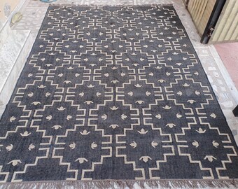 Handwoven Wool Jute Kilim Rug, Black & Beige Jute Rug, Traditional Indian Geometric Rug, Flatweave Jute Rug, Bohemian Rug, Dhurrie Jute Rug