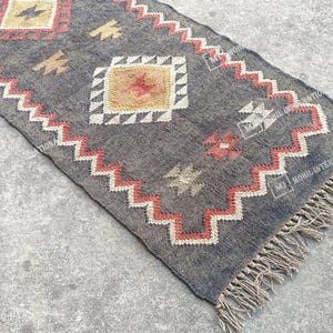 Handwoven Kilim Rug, Wool Jute Kilim Rug, Handmade Kilim Dhurrie Rug, Indian Jute Area Rug, Black Wool Jute Rug, Stairway Jute Rug