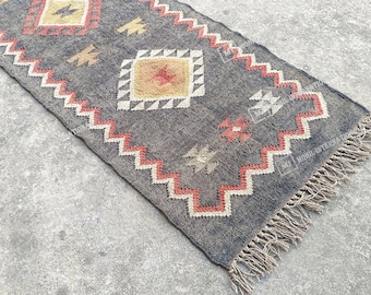 Handwoven Kilim Rug, Wool Jute Kilim Rug, Handmade Kilim Dhurrie Rug, Indian Jute Area Rug, Black Wool Jute Rug, Stairway Jute Rug
