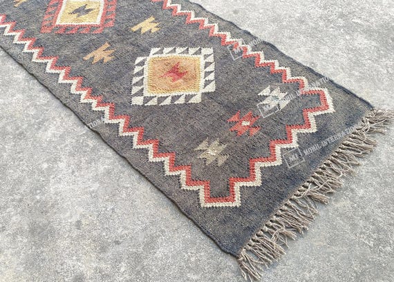Handwoven Kilim Rug, Wool Jute Kilim Rug, Handmade Kilim Dhurrie Rug, Indian Jute Area Rug, Black Wool Jute Rug, Stairway Jute Rug