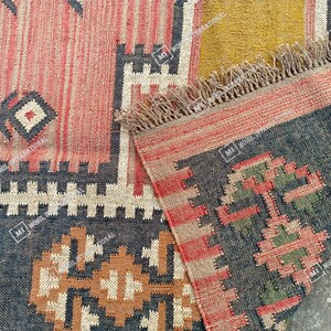 9x12 ft Custom Jute Rug, Handwoven Wool Jute Kilim Rug, Traditional Multicolor Jute Rug, Wool Jute Runner, Bohemian Rug, Indian Dhurrie Rug