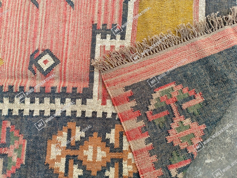 9x12 ft Custom Jute Rug, Handwoven Wool Jute Kilim Rug, Traditional Multicolor Jute Rug, Wool Jute Runner, Bohemian Rug, Indian Dhurrie Rug