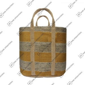 Handwoven Black White Mustard Jute Tote Bag, Tribal Wool Pattern Shopper Tote Bag, Market Carry Bag, Modern Jute Large Handle Tote Bag