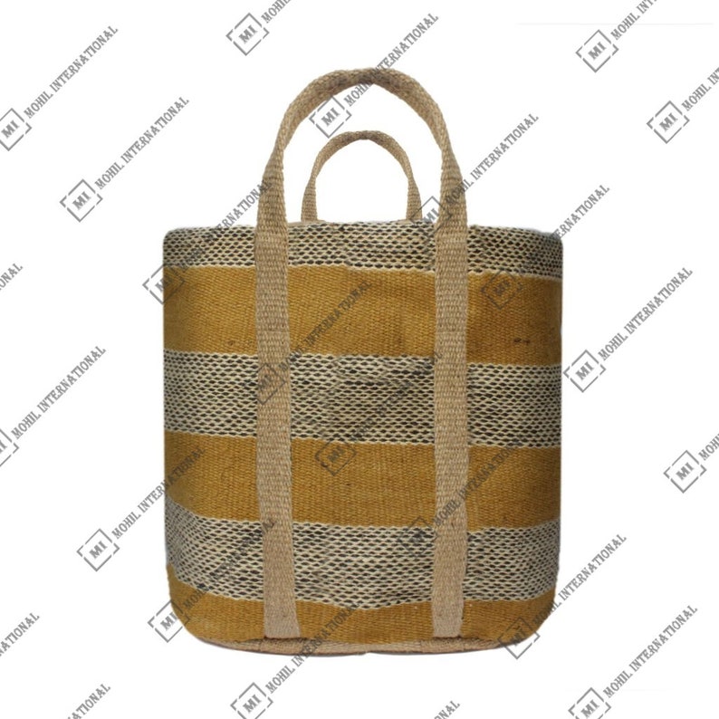 Handwoven Black White Mustard Jute Tote Bag, Tribal Wool Pattern Shopper Tote Bag, Market Carry Bag, Modern Jute Large Handle Tote Bag