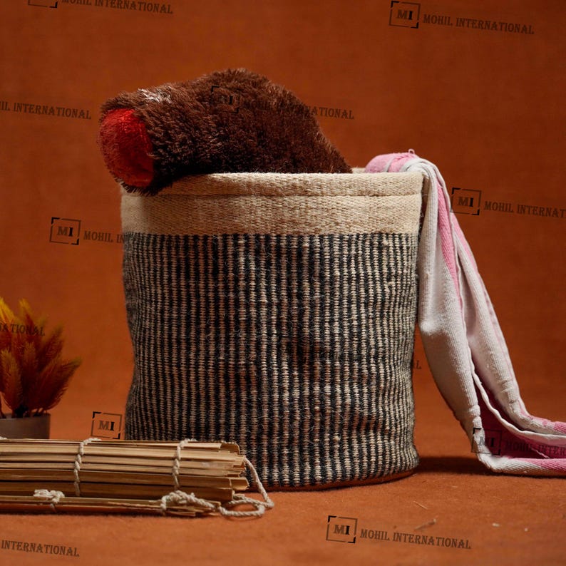 Handwoven Jute Storage Planter, Black & Beige Jute Cotton Planter, Office Decor Pot Planter, Nursery Large Basket Plant, Garden Jute Plant