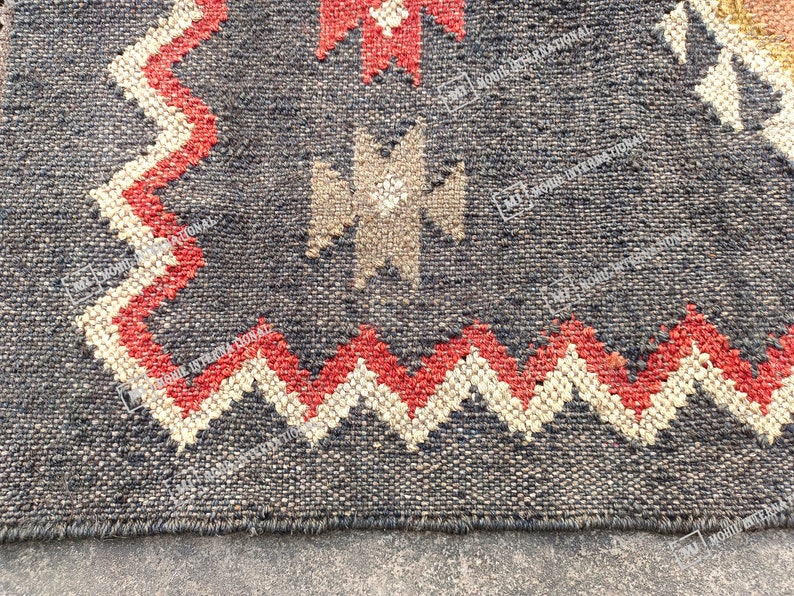 Handwoven Kilim Rug, Wool Jute Kilim Rug, Handmade Kilim Dhurrie Rug, Indian Jute Area Rug, Black Wool Jute Rug, Stairway Jute Rug