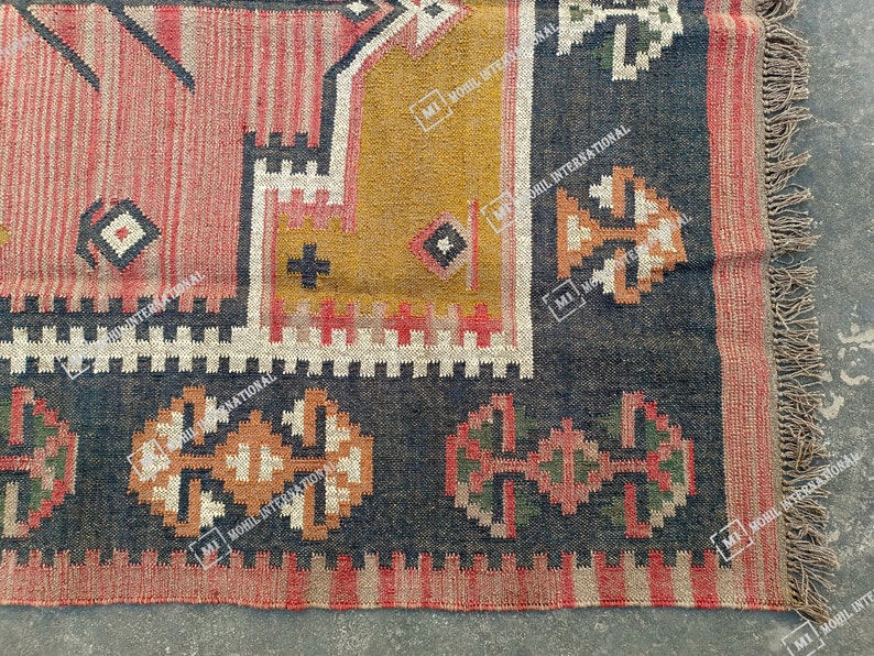 9x12 ft Custom Jute Rug, Handwoven Wool Jute Kilim Rug, Traditional Multicolor Jute Rug, Wool Jute Runner, Bohemian Rug, Indian Dhurrie Rug