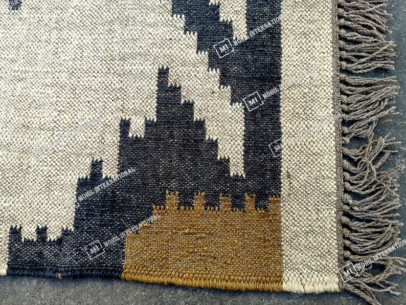 Handwoven Wool Jute Kilim Rug, Handmade Kilim Dhurrie Rug, Multicolor Jute Rug, Traditional Area Jute Rug, Indian Geometric wool Rug