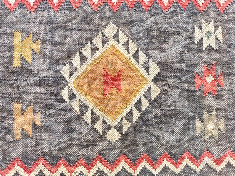 Handwoven Kilim Rug, Wool Jute Kilim Rug, Handmade Kilim Dhurrie Rug, Indian Jute Area Rug, Black Wool Jute Rug, Stairway Jute Rug
