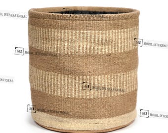 Handwoven Jute Basket | Tan & Beige Striped Planter Cover