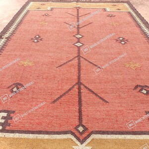 10x12 Ft Custom Wool Jute Kilim Rug, Handmade Orange Turkish Oushak Rug, Rectangle Geometric Shape Rug, Bohemian Large Area Jute Rug