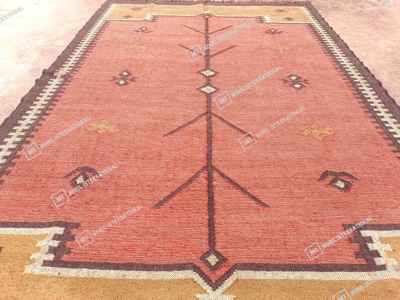 10x12 Ft Custom Wool Jute Kilim Rug, Handmade Orange Turkish Oushak Rug, Rectangle Geometric Shape Rug, Bohemian Large Area Jute Rug