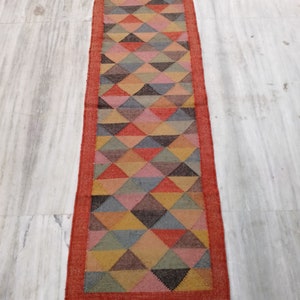 Block Print Kilim Rug Runner Handwoven Wool and Jute Rug Handmade Kilim Dhurrie Rug Motifs Oriental Jute Rug, Turkish Indian Rug
