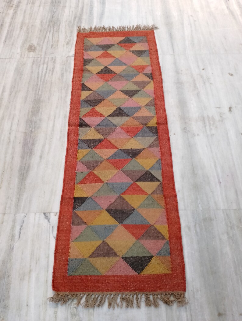 Block Print Kilim Rug Runner Handwoven Wool and Jute Rug Handmade Kilim Dhurrie Rug Motifs Oriental Jute Rug, Turkish Indian Rug