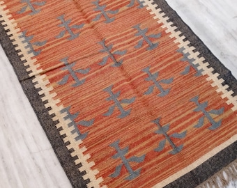 Handwoven Wool Jute Kilim Rug, Boho Dhurrie Rug