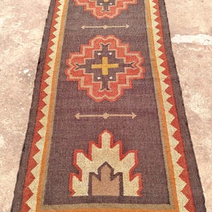 Handmade Wool Jute Kilim Runner Rug, Bohemian Handwoven Oushak Turkish Stairway Design